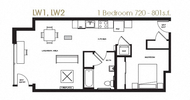 Floor plan for 1 bed, 1 bath, 720 sqft